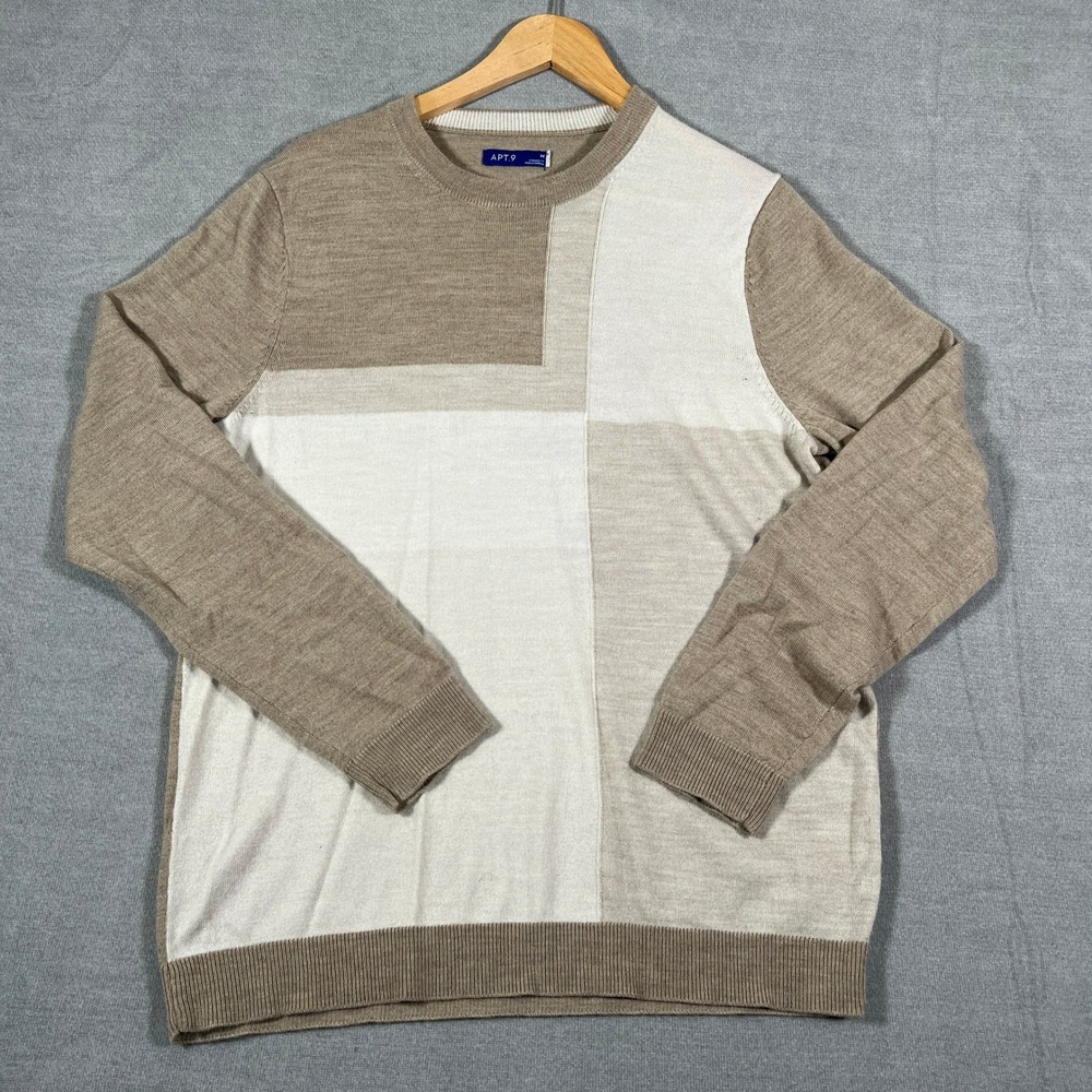 Apt. 9 Colorblock Standard Fit Merino Wool Blend Sweater Mens M Tan Beige